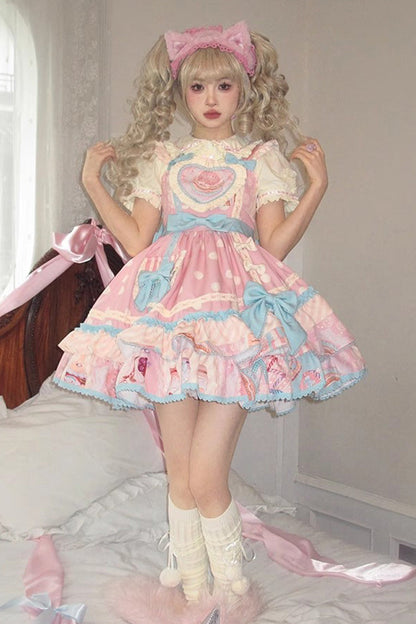Lolita Jumper Skirt - Multi-layer Frosted Sugar, Pink, Sweet Style, Bow Detail, Printed - main product image