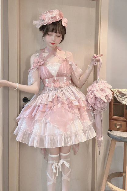 Lolita Jumper Skirt - Multi-layer, Pink, Bow Detail, Ruffled, Sweet Style - additional product view 4