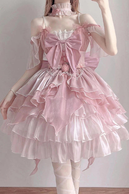 Lolita Jumper Skirt - Multi-layer, Pink, Bow Detail, Ruffled, Sweet Style - additional product view 5