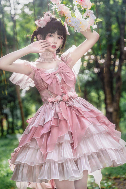 Lolita Jumper Skirt - Multi-layer, Pink, Bow Detail, Ruffled, Sweet Style - main product image