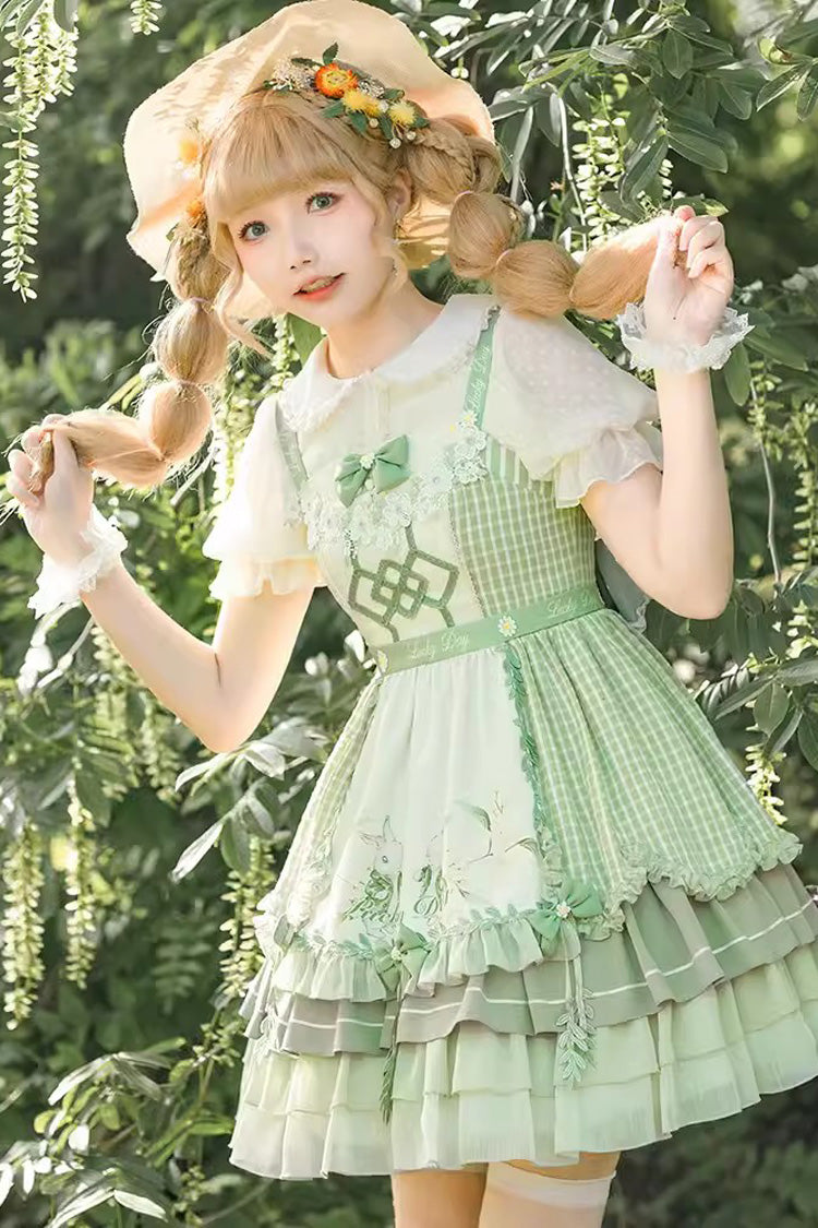 Lolita Jumper Skirt - Multi-layer Print, Green, Sweet Style, Bow Detail, Ruffled - additional product view 2