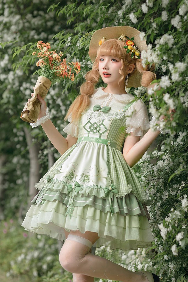 Lolita Jumper Skirt - Multi-layer Print, Green, Sweet Style, Bow Detail, Ruffled - additional product view 3