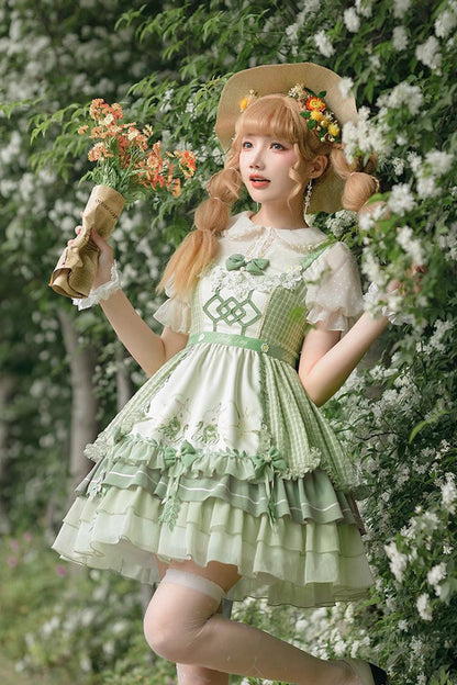 Lolita Jumper Skirt - Multi-layer Print, Green, Sweet Style, Bow Detail, Ruffled - additional product view 3