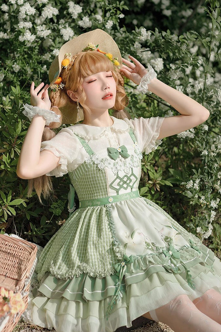 Lolita Jumper Skirt - Multi-layer Print, Green, Sweet Style, Bow Detail, Ruffled - additional product view 4