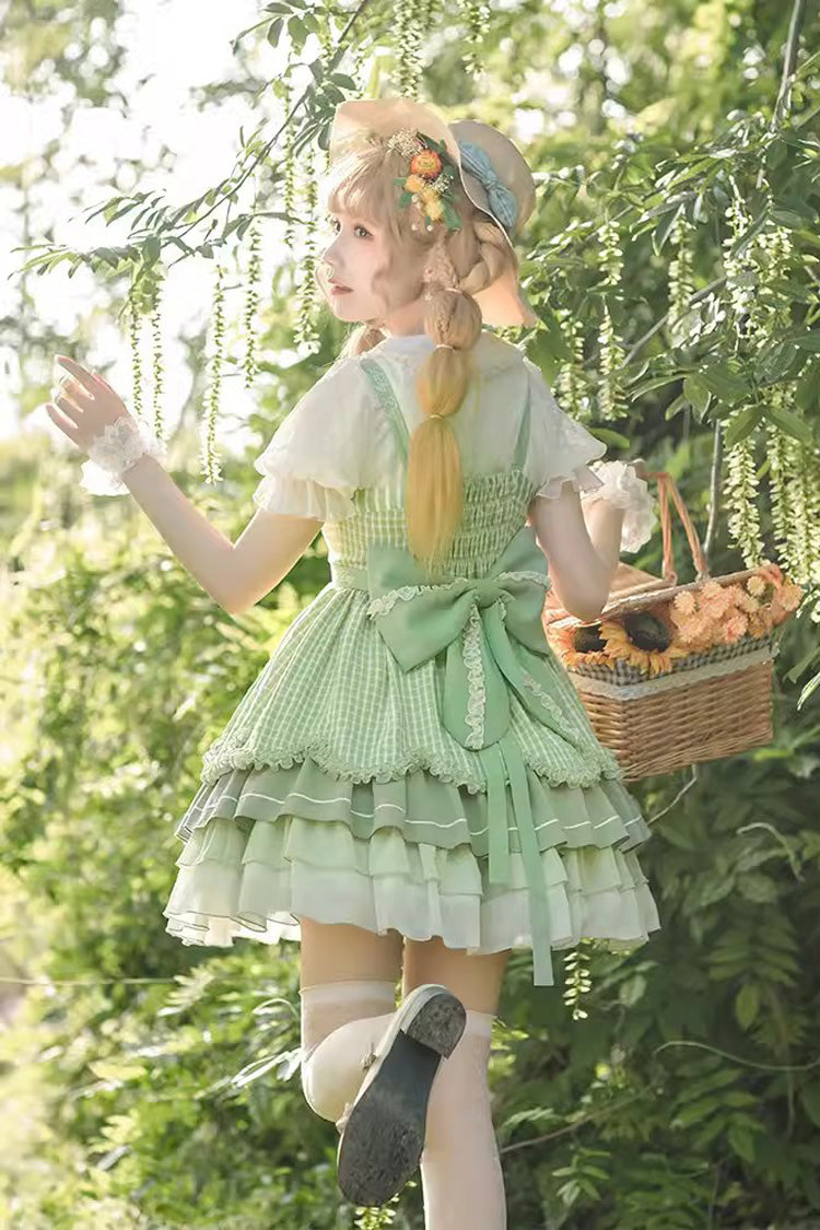 Lolita Jumper Skirt - Multi-layer Print, Green, Sweet Style, Bow Detail, Ruffled - additional product view 5