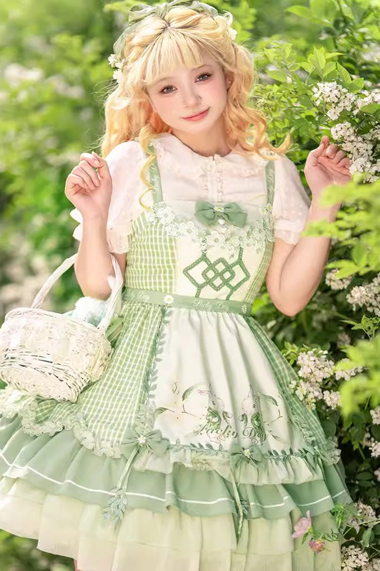 Lolita Jumper Skirt - Multi-layer Print, Green, Sweet Style, Bow Detail, Ruffled - additional product view 6