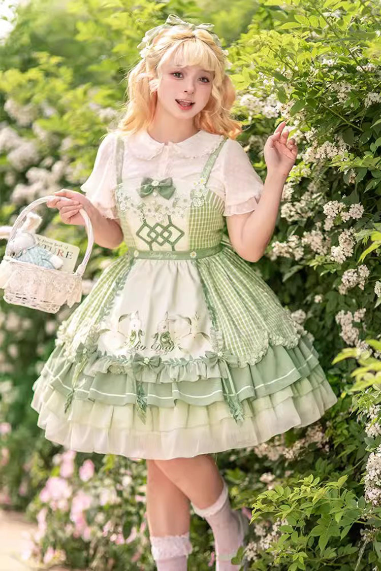 Lolita Jumper Skirt - Multi-layer Print, Green, Sweet Style, Bow Detail, Ruffled - additional product view 7