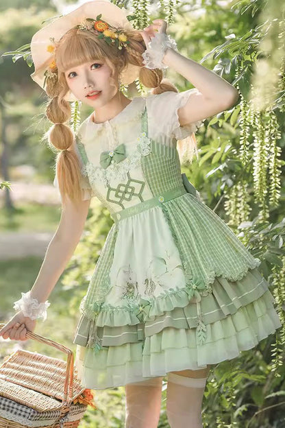 Lolita Jumper Skirt - Multi-layer Print, Green, Sweet Style, Bow Detail, Ruffled - main product image