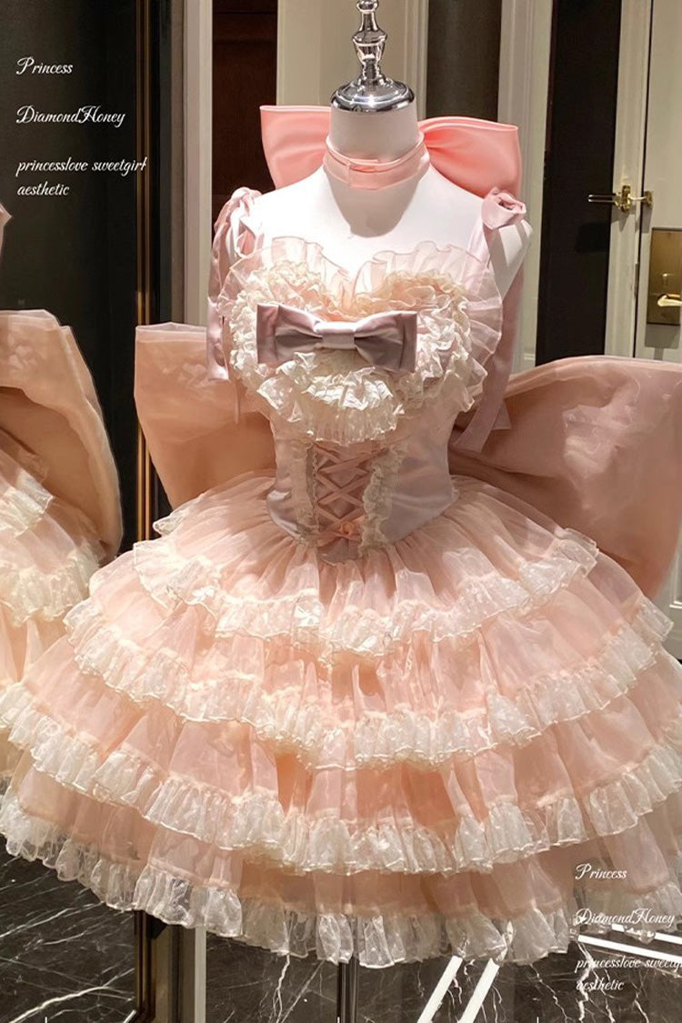 Lolita Jumper Skirt - Multi-layered, Pink, Bow Detail, Lace Trim, Ruffled - additional product view 2