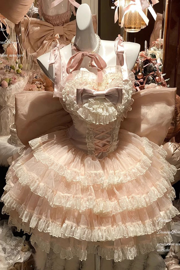 Lolita Jumper Skirt - Multi-layered, Pink, Bow Detail, Lace Trim, Ruffled - additional product view 3