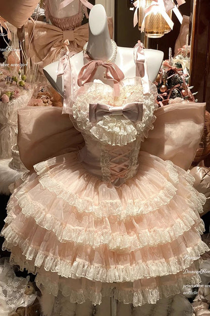 Lolita Jumper Skirt - Multi-layered, Pink, Bow Detail, Lace Trim, Ruffled - additional product view 3