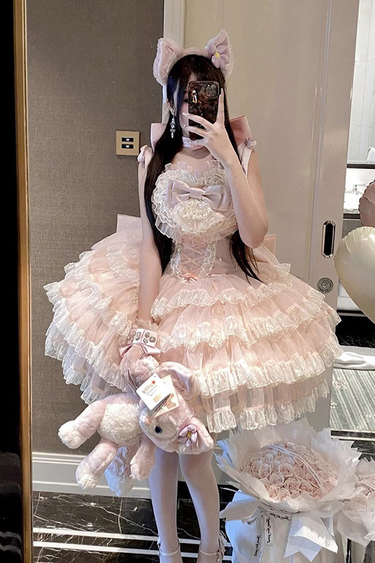 Lolita Jumper Skirt - Multi-layered, Pink, Bow Detail, Lace Trim, Ruffled - additional product view 4