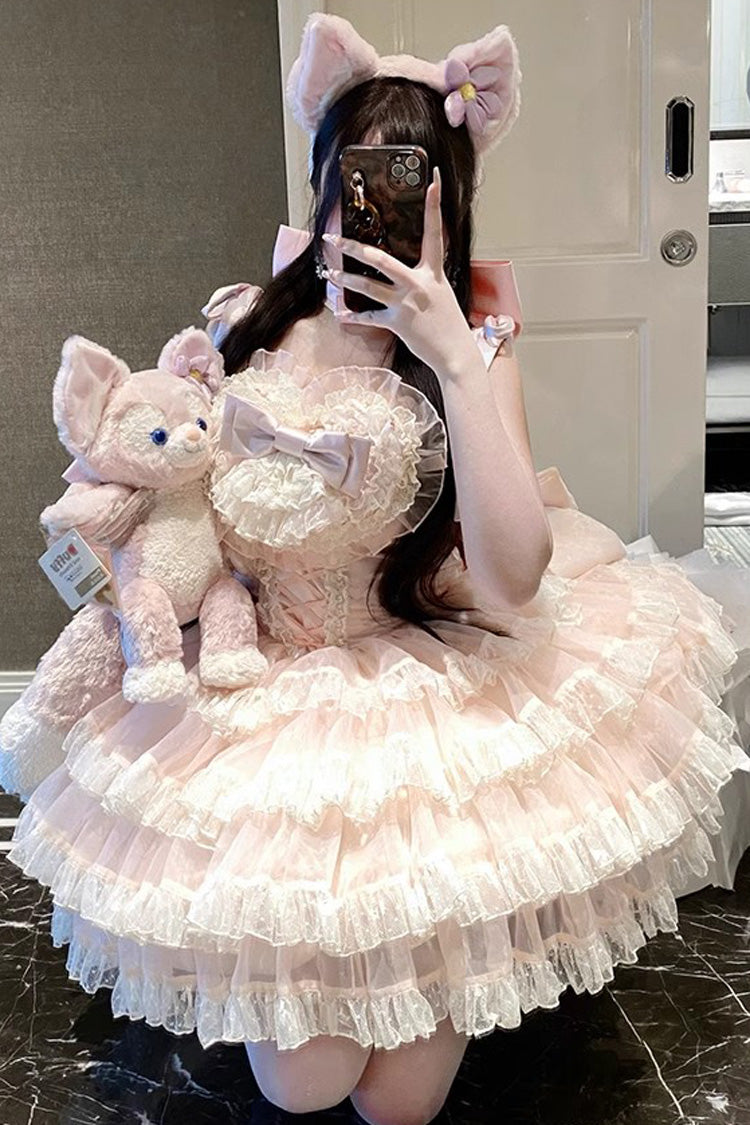 Lolita Jumper Skirt - Multi-layered, Pink, Bow Detail, Lace Trim, Ruffled - additional product view 5