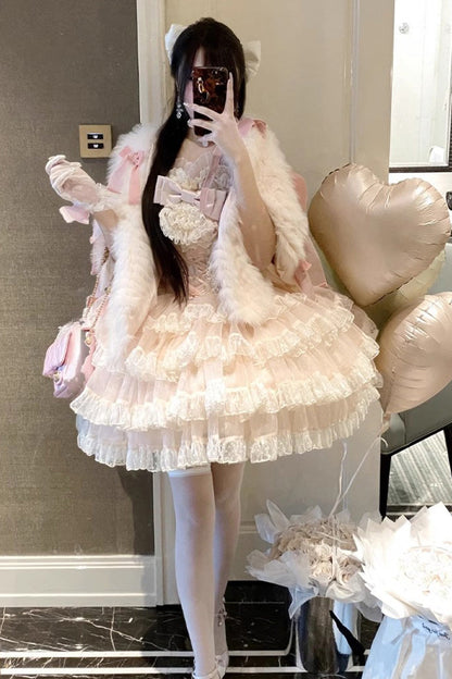 Lolita Jumper Skirt - Multi-layered, Pink, Bow Detail, Lace Trim, Ruffled - additional product view 6