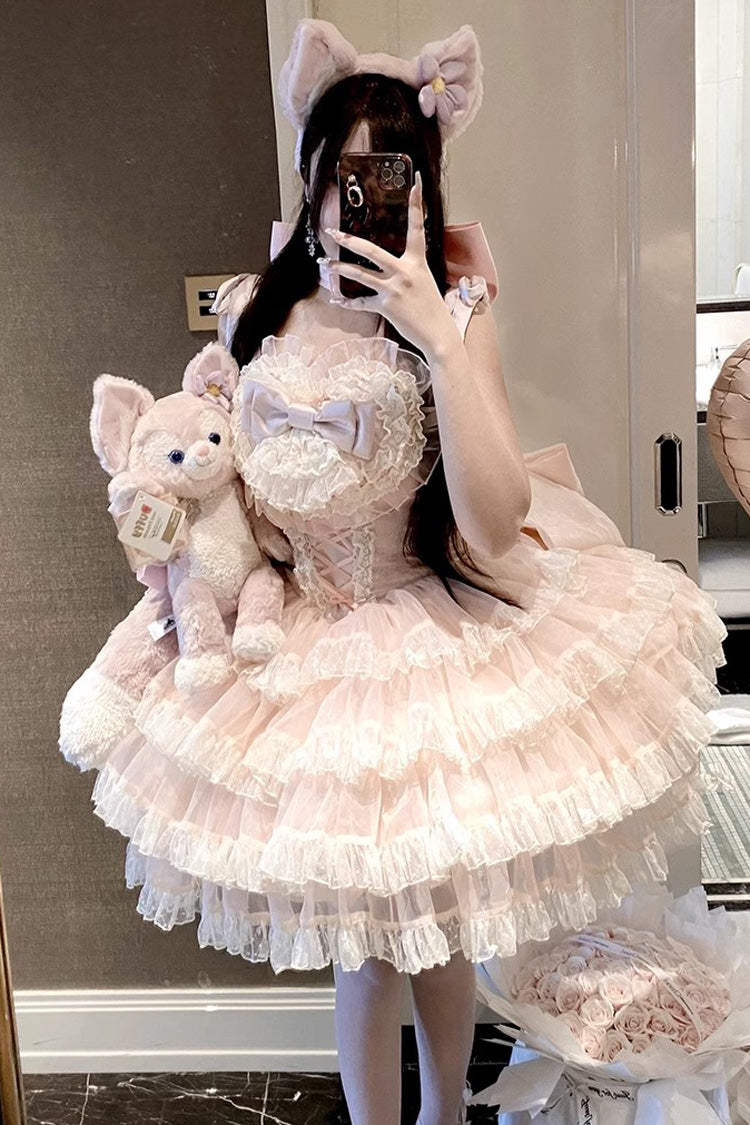 Lolita Jumper Skirt - Multi-layered, Pink, Bow Detail, Lace Trim, Ruffled - main product image