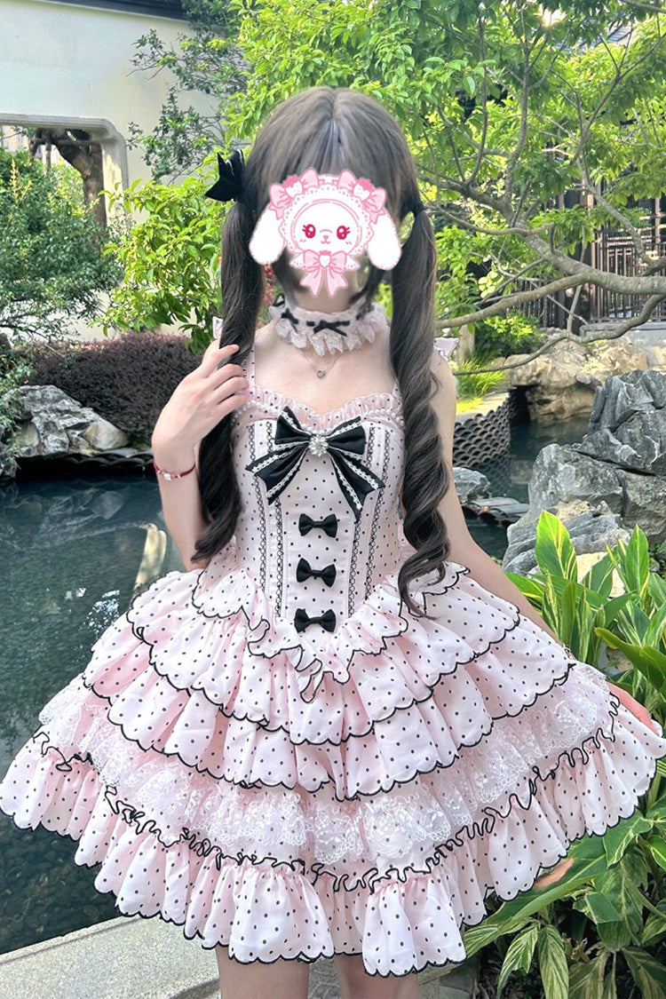 Lolita Jumper Skirt - Multi-layered Polka Dots Printed, Pink, Ruffled, Sweet Style - additional product view 5
