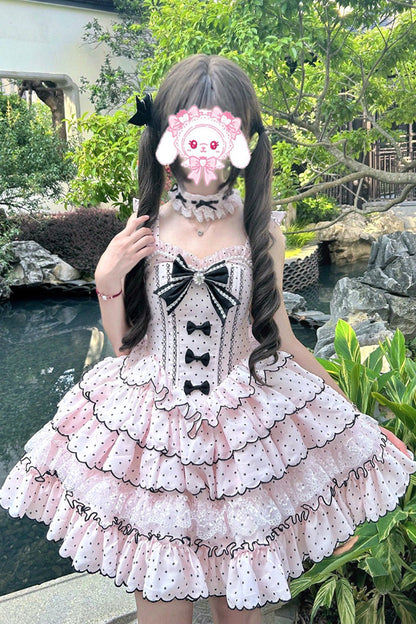 Lolita Jumper Skirt - Multi-layered Polka Dots Printed, Pink, Ruffled, Sweet Style - additional product view 5