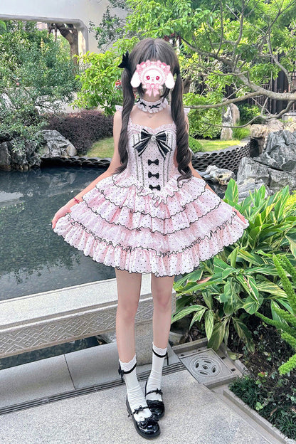 Lolita Jumper Skirt - Multi-layered Polka Dots Printed, Pink, Ruffled, Sweet Style - additional product view 7