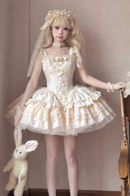 Lolita Jumper Skirt - Multi-layered Ruffle Bowknot, Ivory, Bow Detail, Lace Trim, Ruffled - additional product view 2