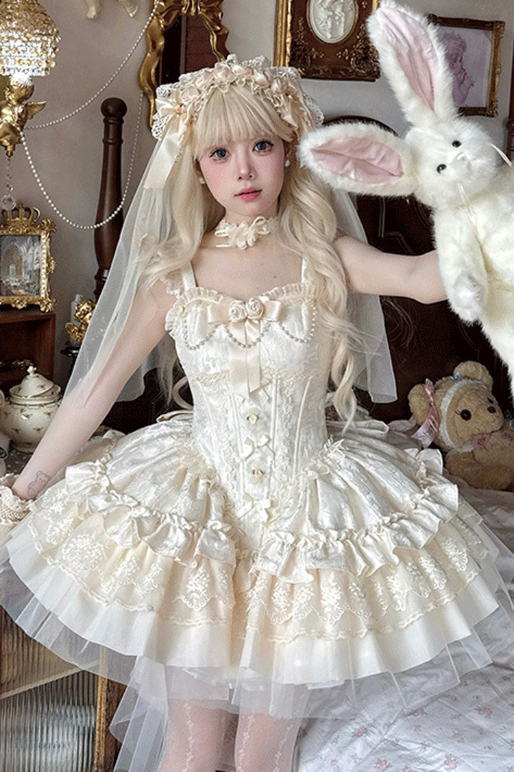 Lolita Jumper Skirt - Multi-layered Ruffle Bowknot, Ivory, Bow Detail, Lace Trim, Ruffled - additional product view 3