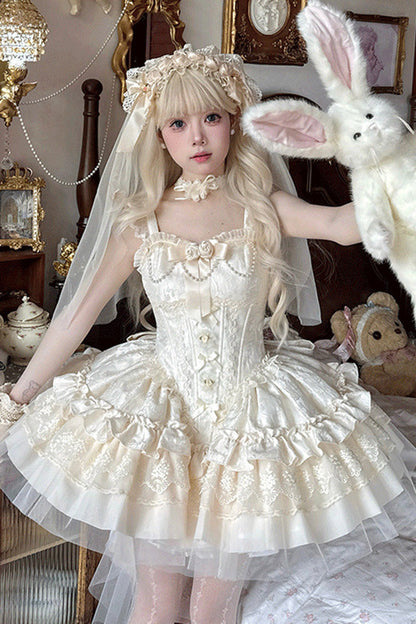 Lolita Jumper Skirt - Multi-layered Ruffle Bowknot, Ivory, Bow Detail, Lace Trim, Ruffled - additional product view 3
