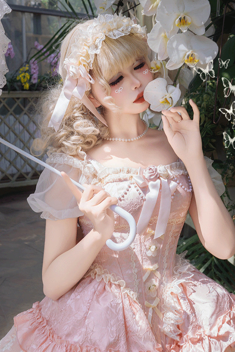 Lolita Jumper Skirt - Multi-layered Ruffle Bowknot, Pink, Lace-Up, Sweet Style, Bow Detail - additional product view 2
