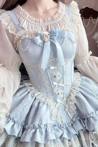 Lolita Jumper Skirt - Multi-layered Ruffle Bowknot, Pink, Lace-Up, Sweet Style, Bow Detail - additional product view 4