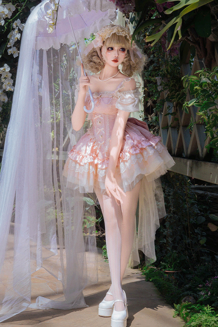 Lolita Jumper Skirt - Multi-layered Ruffle Bowknot, Pink, Lace-Up, Sweet Style, Bow Detail - additional product view 5
