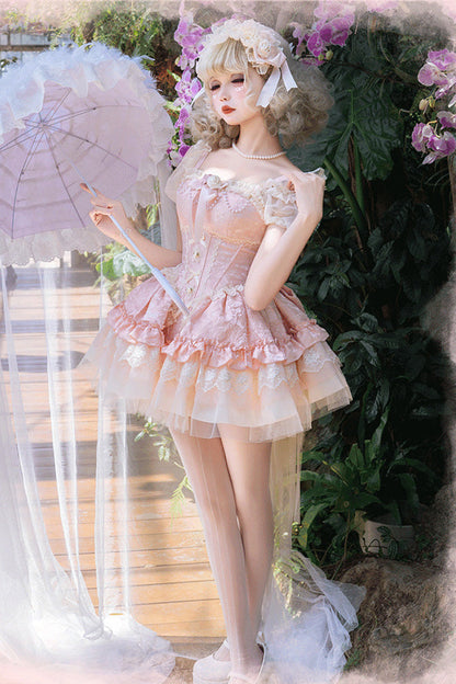 Lolita Jumper Skirt - Multi-layered Ruffle Bowknot, Pink, Lace-Up, Sweet Style, Bow Detail - additional product view 6