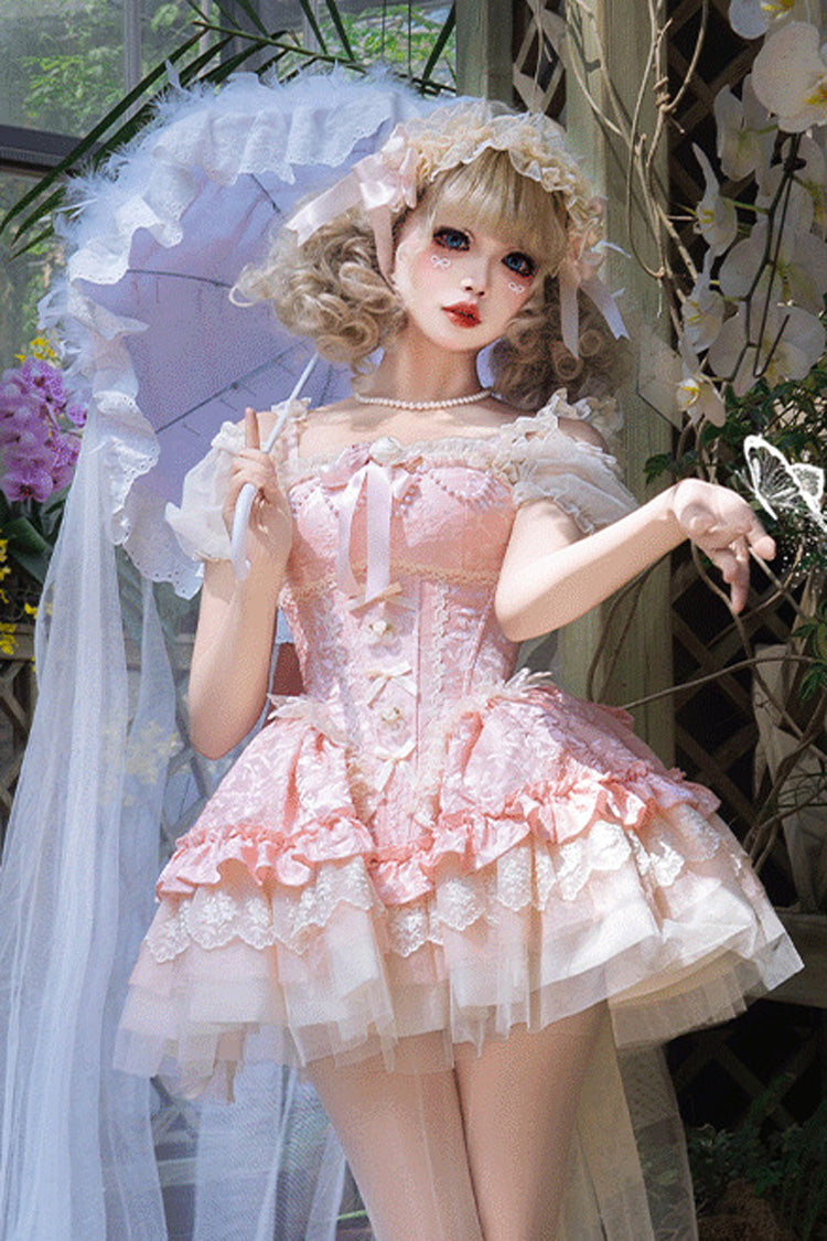 Lolita Jumper Skirt - Multi-layered Ruffle Bowknot, Pink, Lace-Up, Sweet Style, Bow Detail - main product image