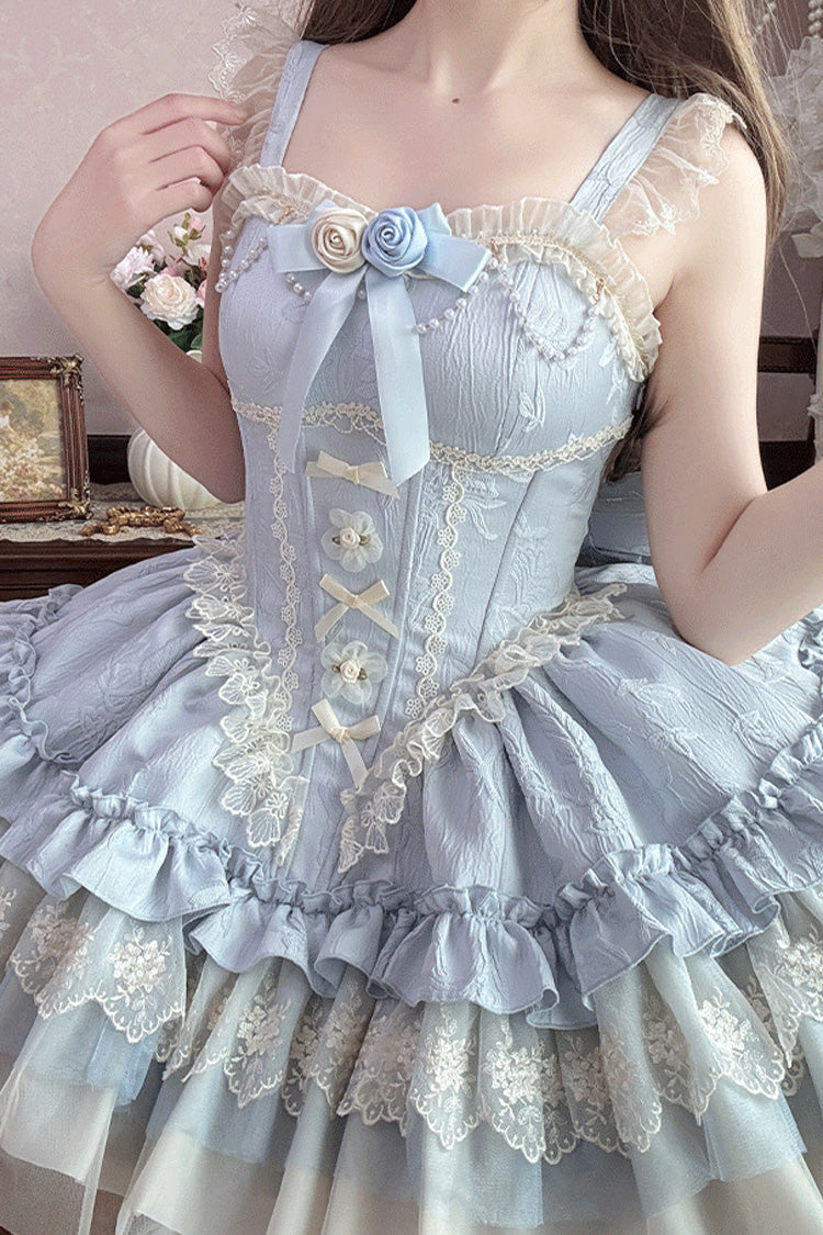 Lolita Jumper Skirt - Multi-layered Ruffle Bowknot, Pink, Lace-Up, Sweet Style, Bow Detail - S Blue / M Blue / L Blue option
