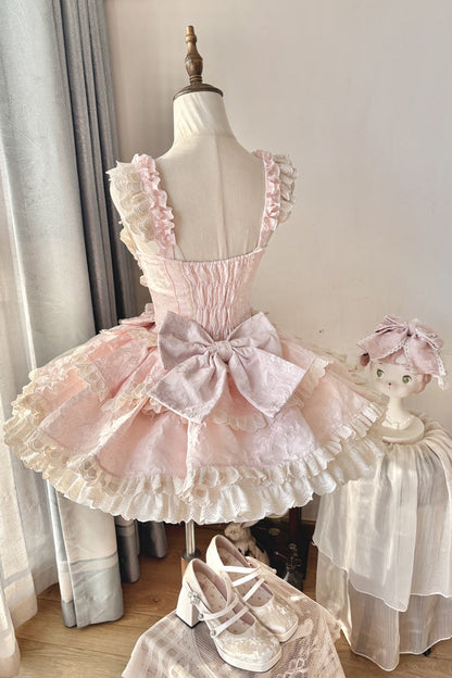 Lolita Jumper Skirt - Multi-layered Ruffled Bow, Pink, Bow Detail, Sweet Style - additional product view 2