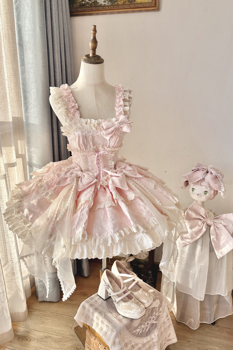 Lolita Jumper Skirt - Multi-layered Ruffled Bow, Pink, Bow Detail, Sweet Style - additional product view 3