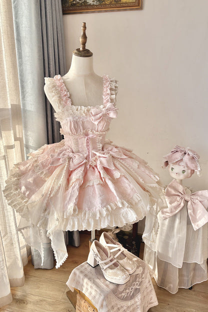 Lolita Jumper Skirt - Multi-layered Ruffled Bow, Pink, Bow Detail, Sweet Style - additional product view 3
