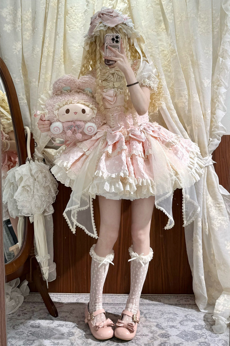 Lolita Jumper Skirt - Multi-layered Ruffled Bow, Pink, Bow Detail, Sweet Style - additional product view 4