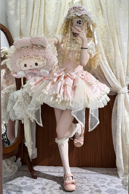 Lolita Jumper Skirt - Multi-layered Ruffled Bow, Pink, Bow Detail, Sweet Style - additional product view 5