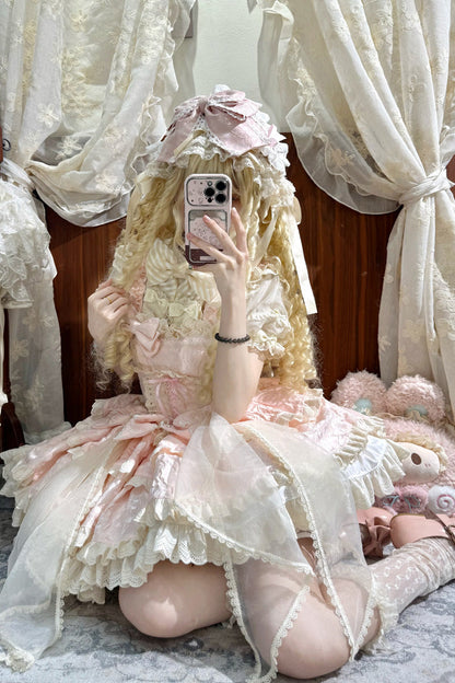 Lolita Jumper Skirt - Multi-layered Ruffled Bow, Pink, Bow Detail, Sweet Style - additional product view 6