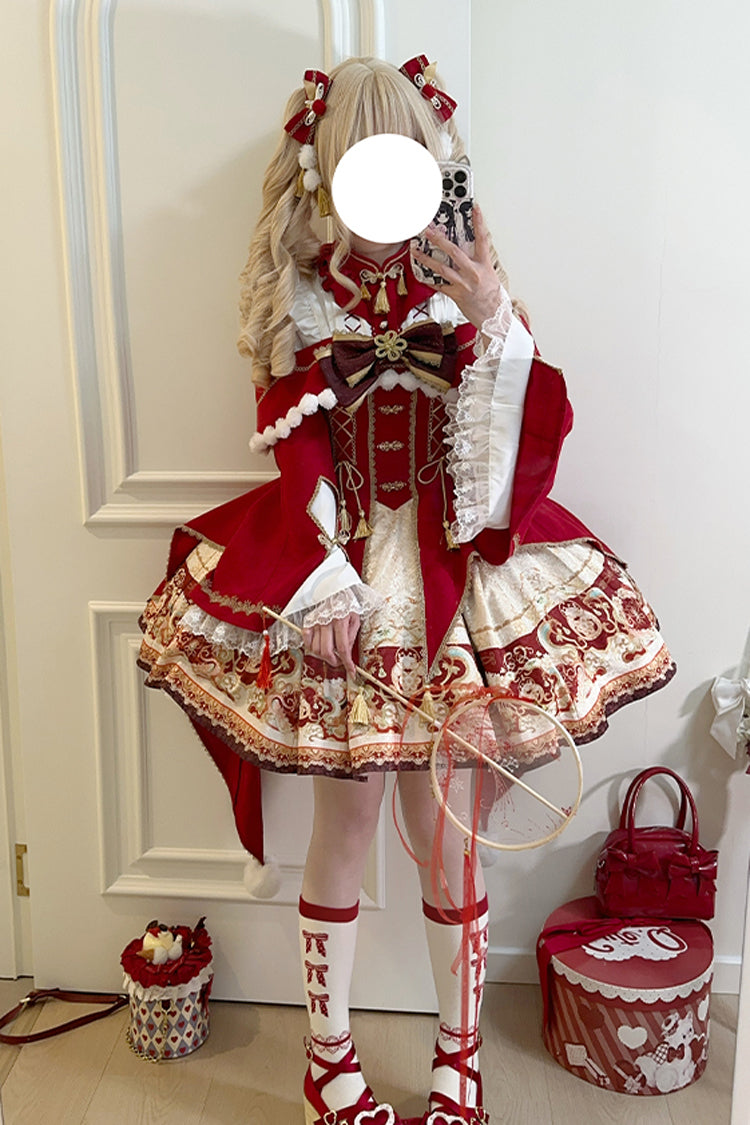 Lolita Jumper Skirt - New Year, Red, Chinese-Inspired Style, Bow Detail, Lace Trim - additional product view 2