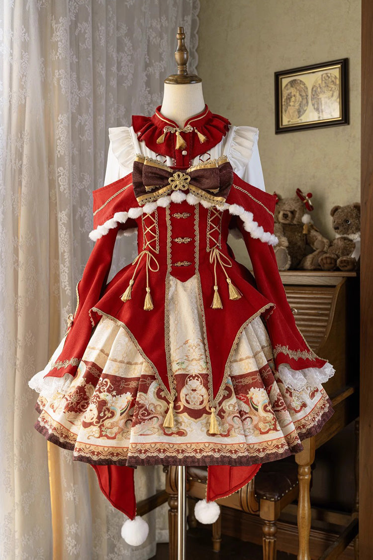 Lolita Jumper Skirt - New Year, Red, Chinese-Inspired Style, Bow Detail, Lace Trim - additional product view 3