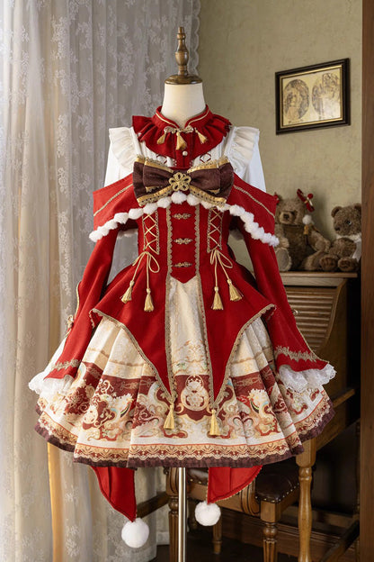 Lolita Jumper Skirt - New Year, Red, Chinese-Inspired Style, Bow Detail, Lace Trim - additional product view 3