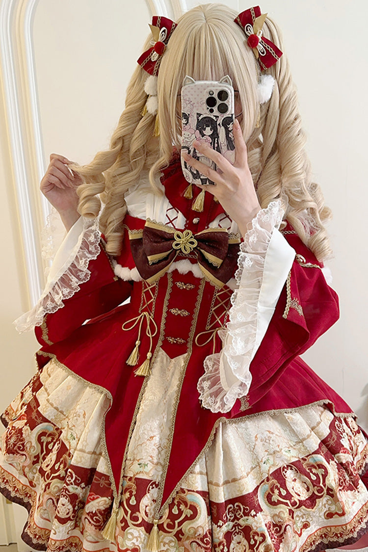 Lolita Jumper Skirt - New Year, Red, Chinese-Inspired Style, Bow Detail, Lace Trim - additional product view 4