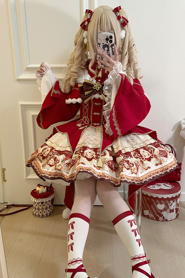Lolita Jumper Skirt - New Year, Red, Chinese-Inspired Style, Bow Detail, Lace Trim - additional product view 7