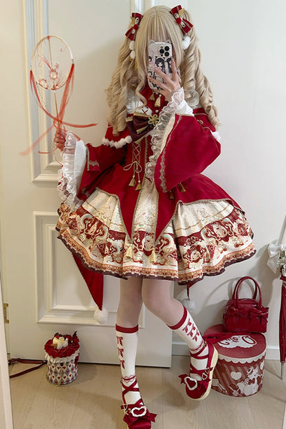 Lolita Jumper Skirt - New Year, Red, Chinese-Inspired Style, Bow Detail, Lace Trim - additional product view 8