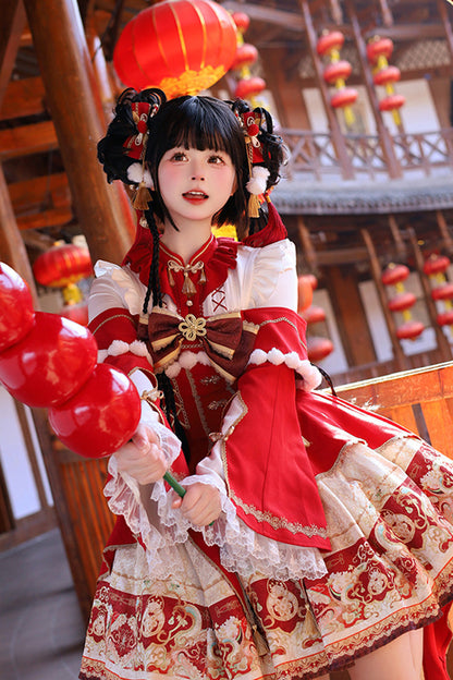 Lolita Jumper Skirt - New Year, Red, Chinese-Inspired Style, Bow Detail, Lace Trim - additional product view 9