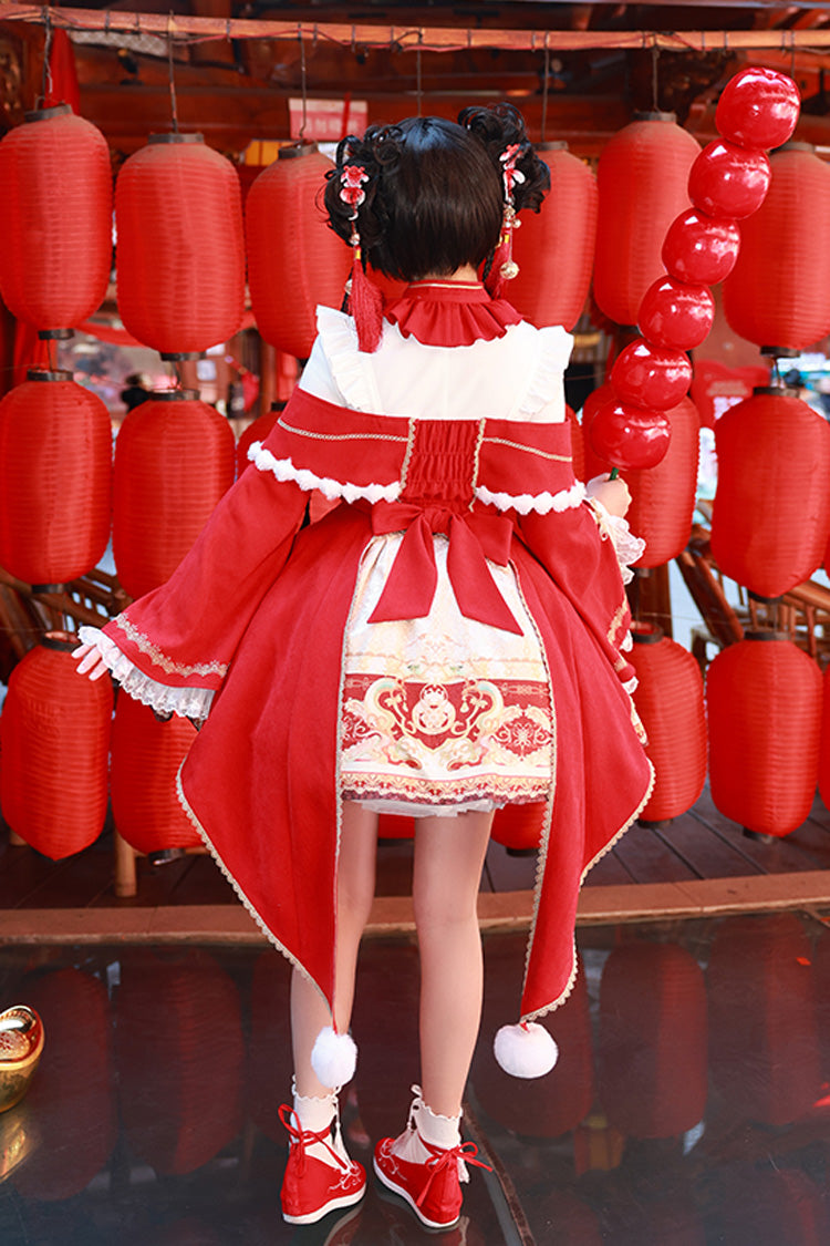 Lolita Jumper Skirt - New Year, Red, Chinese-Inspired Style, Bow Detail, Lace Trim - additional product view 10