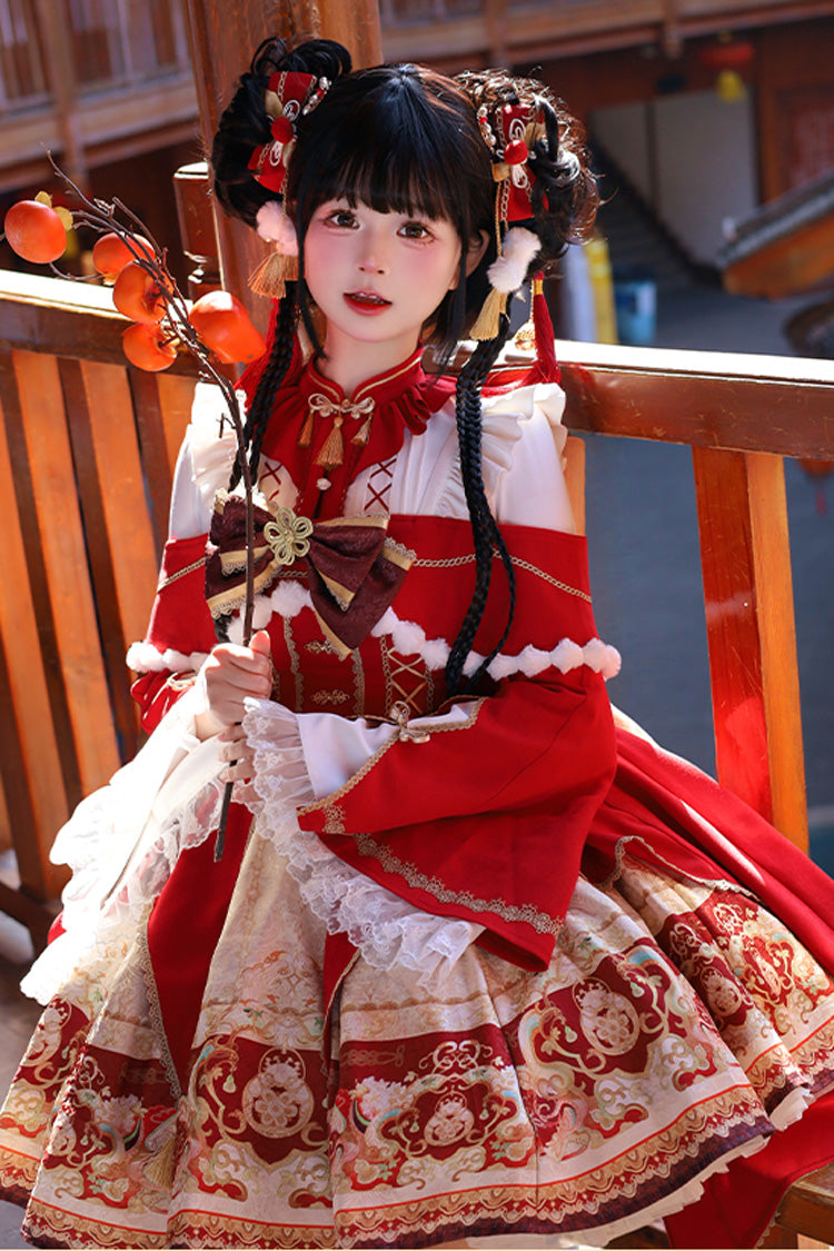 Lolita Jumper Skirt - New Year, Red, Chinese-Inspired Style, Bow Detail, Lace Trim - additional product view 11