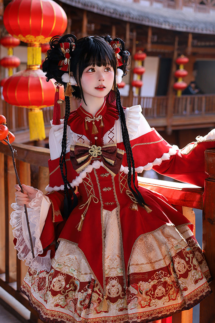 Lolita Jumper Skirt - New Year, Red, Chinese-Inspired Style, Bow Detail, Lace Trim - additional product view 12