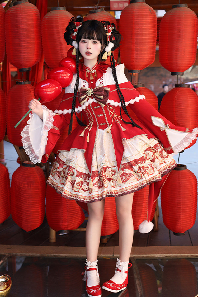 Lolita Jumper Skirt - New Year, Red, Chinese-Inspired Style, Bow Detail, Lace Trim - additional product view 13