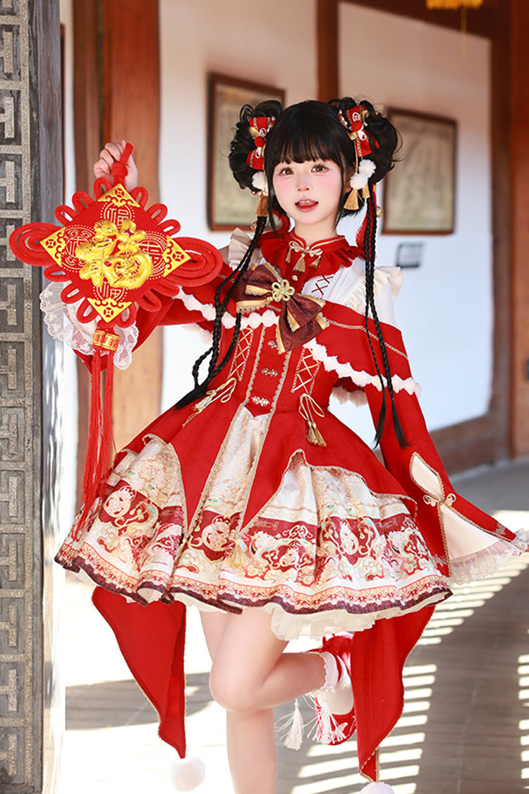 Lolita Jumper Skirt - New Year, Red, Chinese-Inspired Style, Bow Detail, Lace Trim - additional product view 14