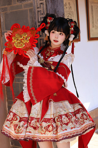 Lolita Jumper Skirt - New Year, Red, Chinese-Inspired Style, Bow Detail, Lace Trim - additional product view 15